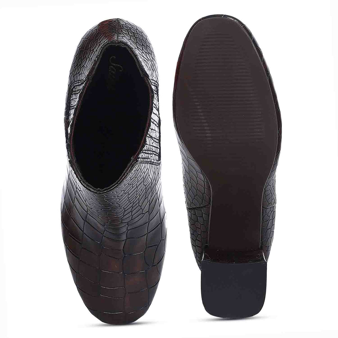 Saint Milana Brown Croco Embossed Vegan Leather Ankle Boots - SaintG India