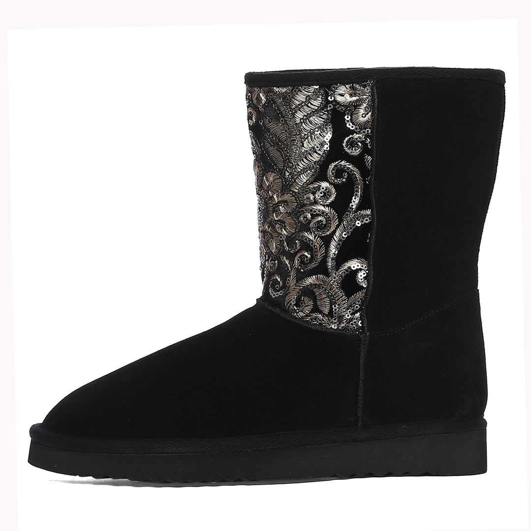 "Saint Corah Sequins Black Snug Boots: Stylish and comfortable women's footwear with sequin embellishments for a touch of glam."