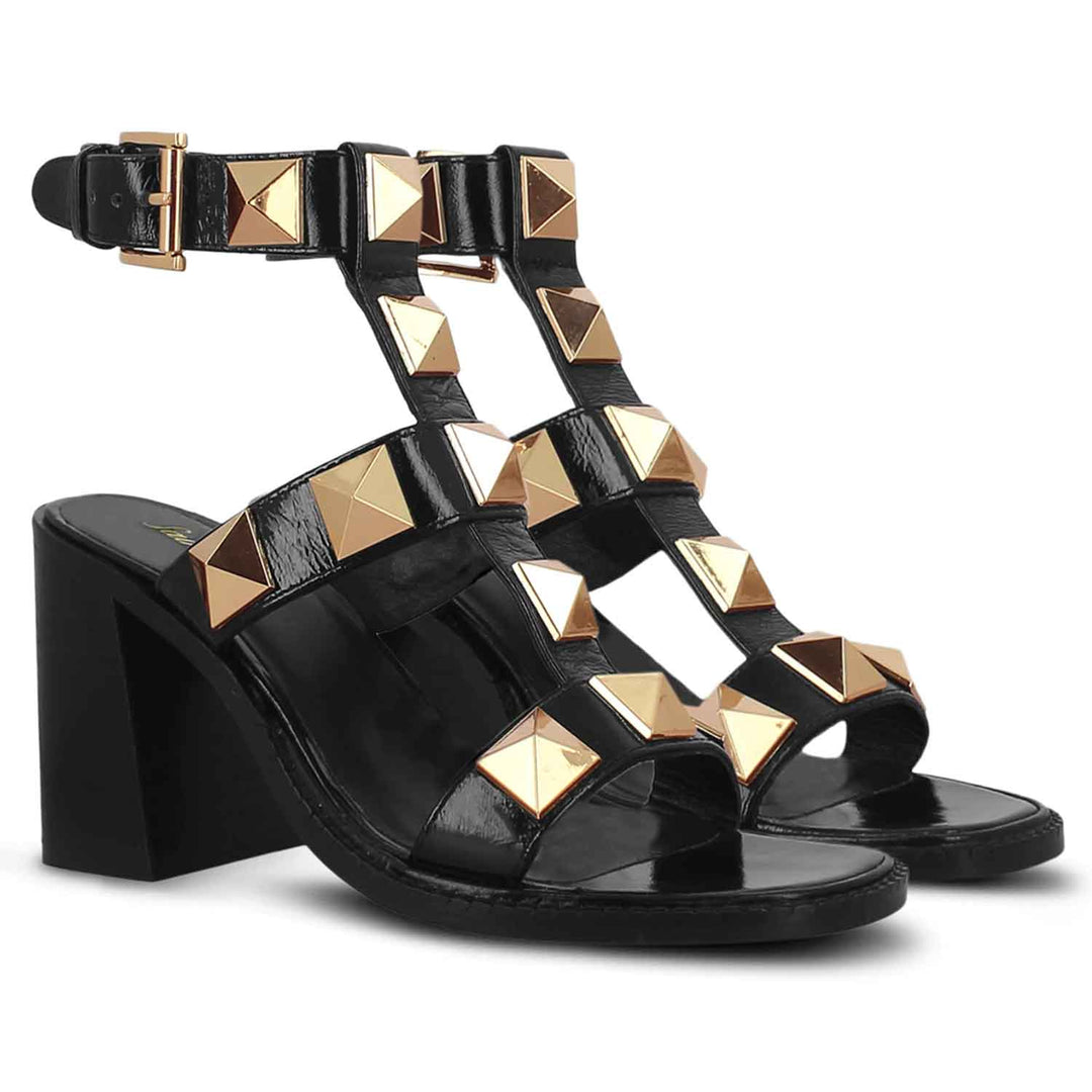 Saint Agnes Black Leather Metal Studded Block Heels