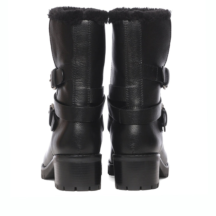 Saint Theresa High Ankle Black Leather Boots with Decorative Buckle – Stylish and chic footwear for a bold and confident look