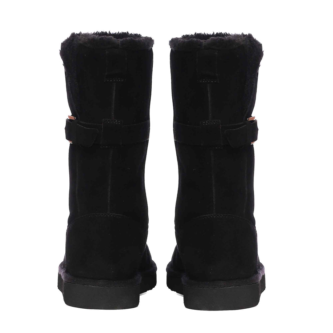 Saint Aurelia Buckle Decorative Black Suede Leather Snug Boots